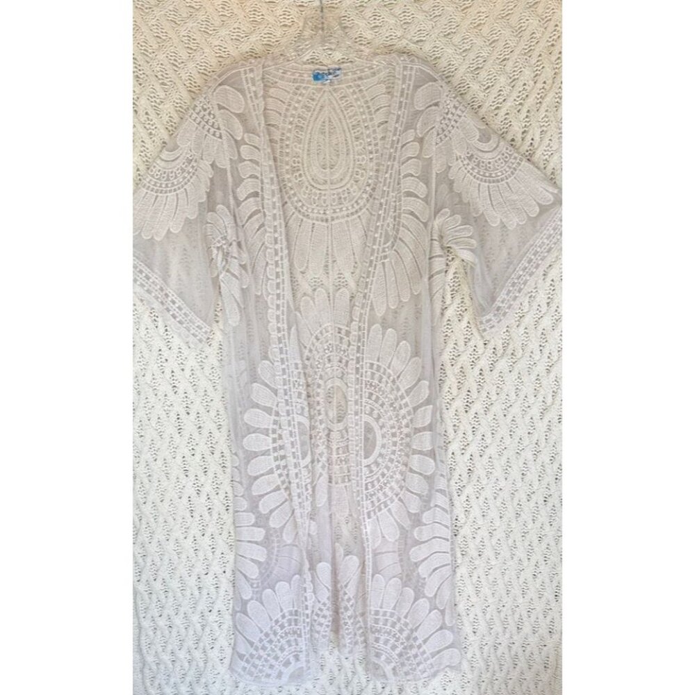Rebellion Again Boho Sheer Lace Duster Size Small White Cover-Up Open Front